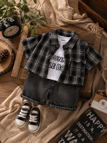 Baby Boys Cotton Shirt, Printed T-Shirt &amp; Denim Shorts Co-Ord Set – Casual Summer Outfit