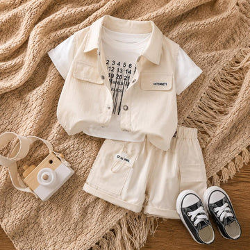 Baby Boys Cotton Shirt &amp; Shorts Co-Ord Set with Printed T-Shirt – Casual Summer Outfit