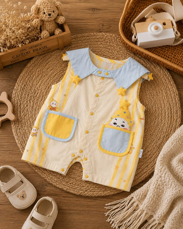 100% Cotton Striped Baby Romper with Cute Character Pocket & Sailor Collar