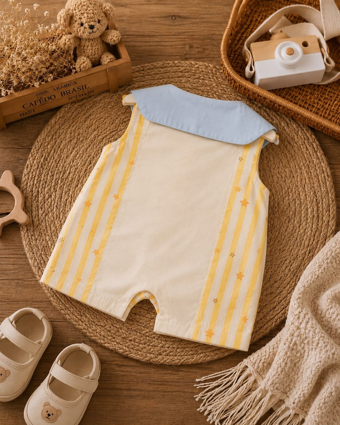 100% Cotton Striped Baby Romper with Cute Character Pocket & Sailor Collar