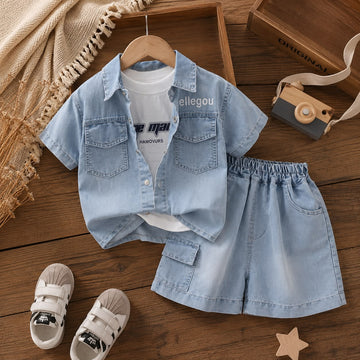 Boys Denim Co-Ord Set – Cotton Blend Shirt, T-Shirt & Shorts Outfit