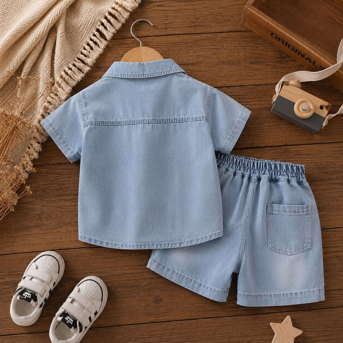 Boys Denim Co-Ord Set – Cotton Blend Shirt, T-Shirt & Shorts Outfit