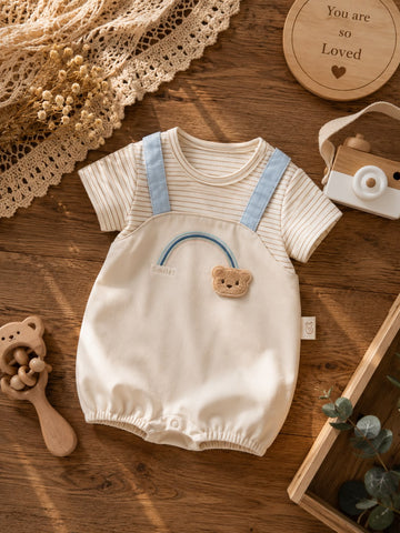 Baby Cotton Dungaree Romper with Striped T-Shirt &amp; Bear Embroidery – Soft Summer Outfit