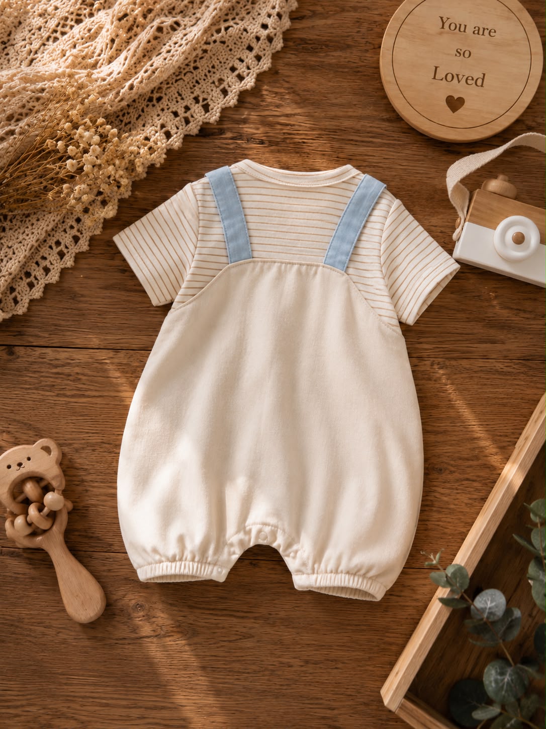 Baby Cotton Dungaree Romper with Striped T-Shirt &amp; Bear Embroidery – Soft Summer Outfit