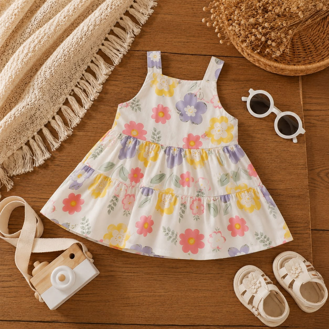Baby Girls Floral Sleeveless Dress – Soft Viscose &amp; Cotton Silk Summer Party Dress