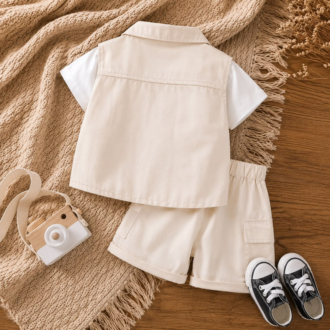Baby Boys Cotton Shirt &amp; Shorts Co-Ord Set with Printed T-Shirt – Casual Summer Outfit