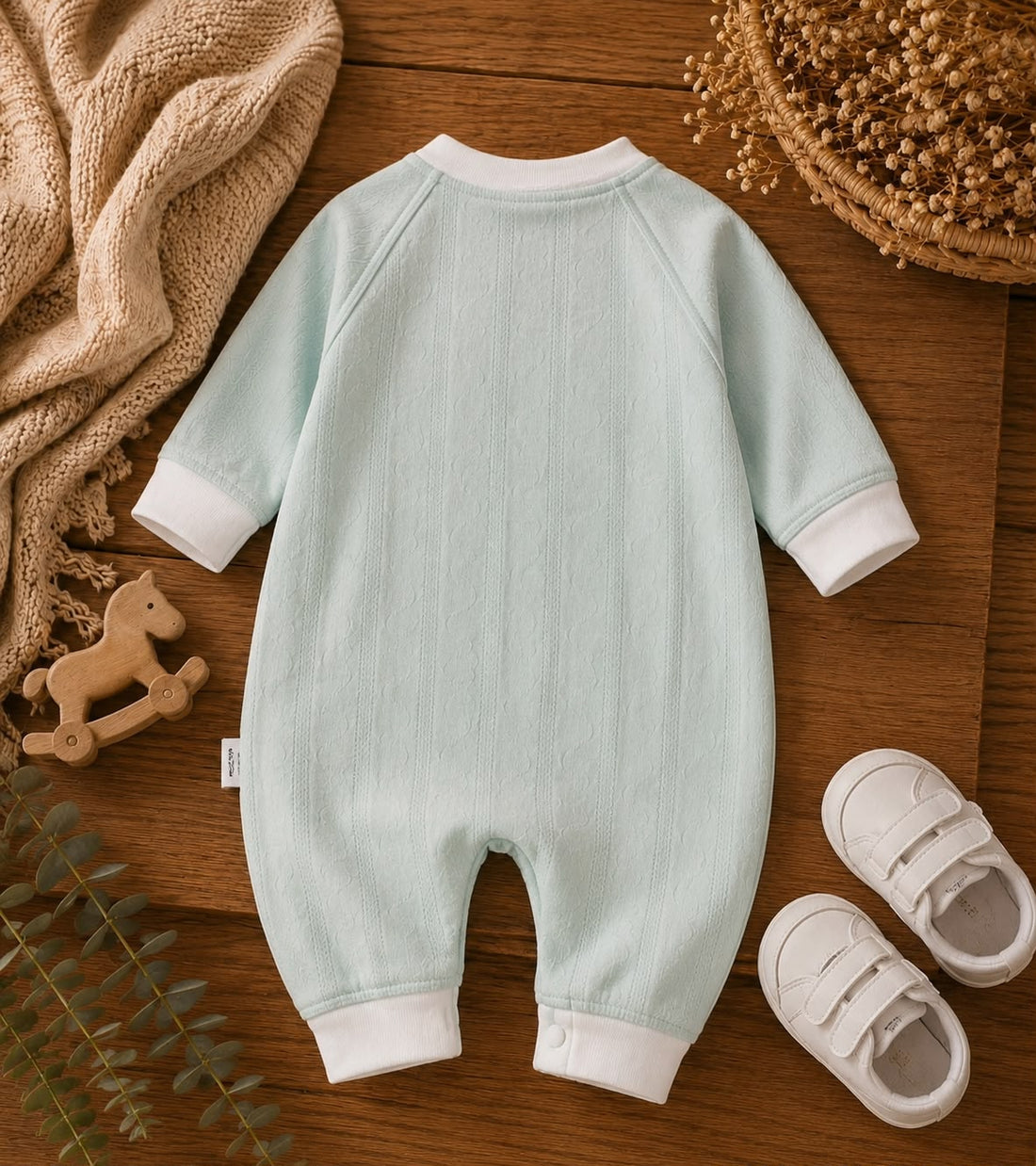 Baby Cotton Full Sleeve Romper with Front Snap Closure – Soft &amp; Comfortable Newborn Sleepsuit | Mint Green
