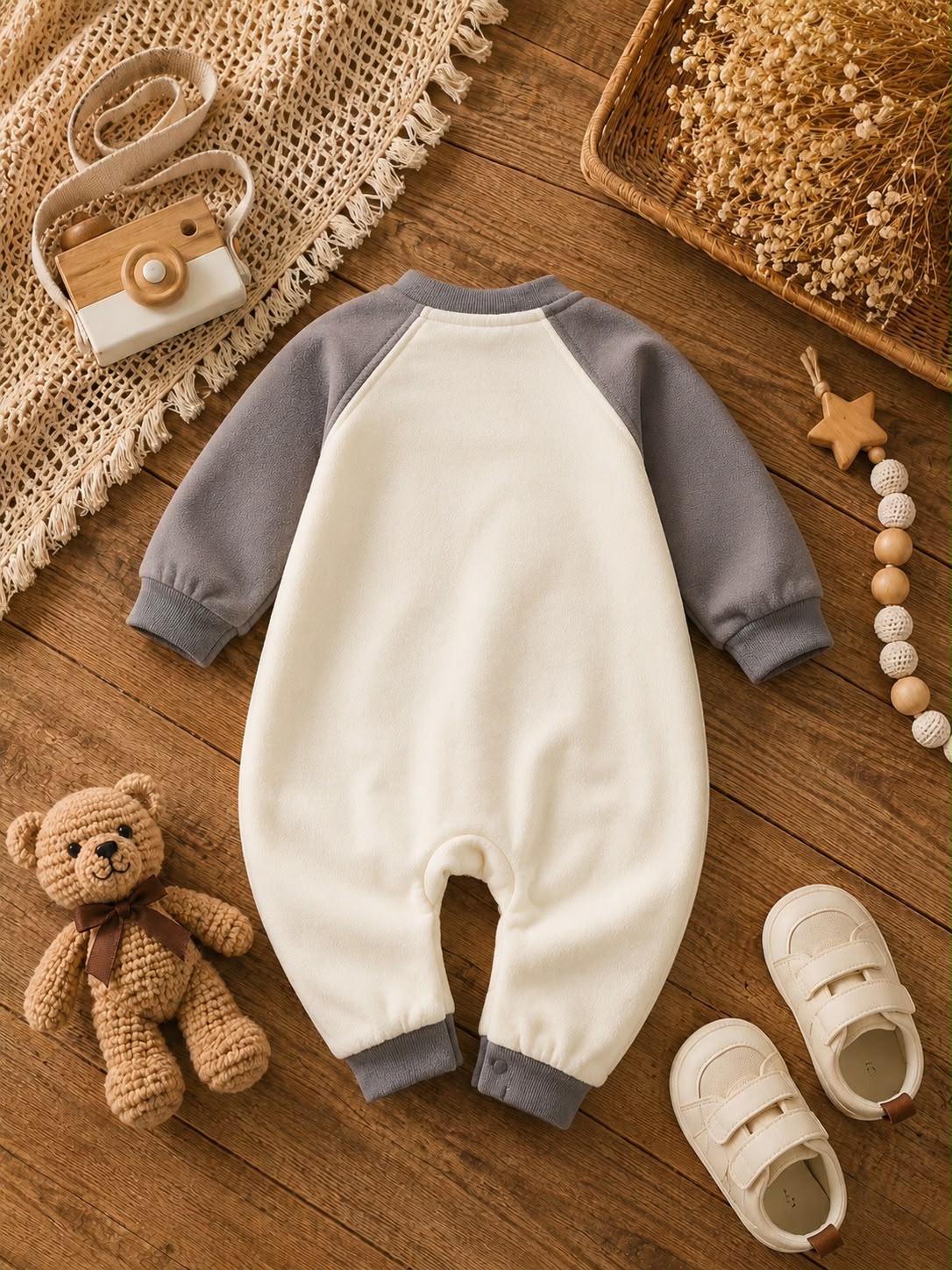 Baby Cotton Winter Romper with Contrast Raglan Sleeves – Soft Full Sleeve Warm Jumpsuit for Newborns &amp; Toddlers | Cream &amp; Grey