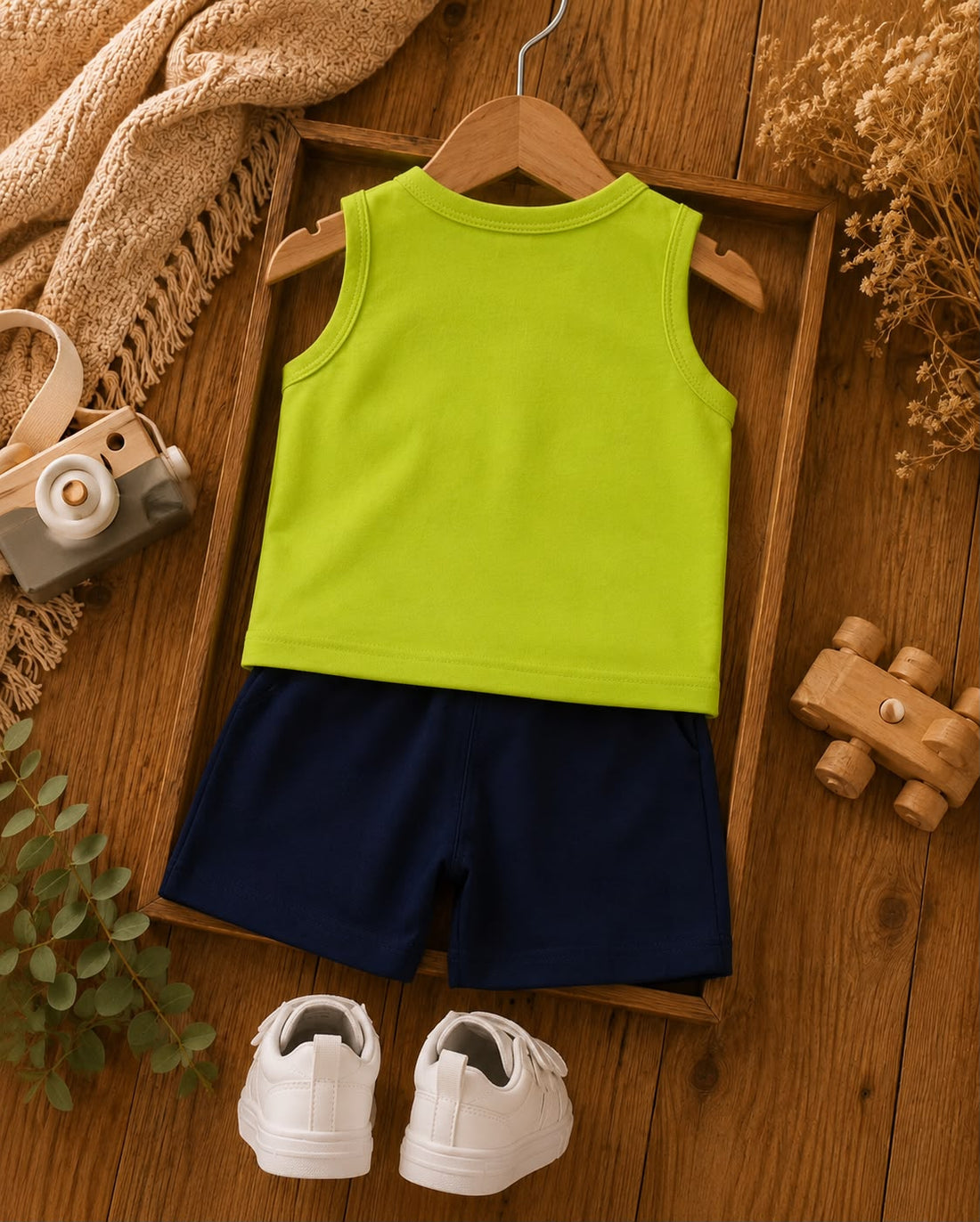Baby Cotton Sleeveless T-Shirt &amp; Shorts Set – Soft Summer Co-Ord Outfit for Boys | Green &amp; Navy Blue