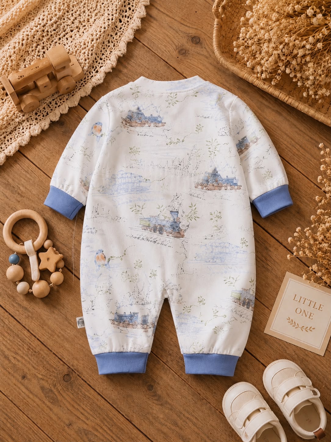 Baby Cotton Wrap Style Full Sleeve Romper – Soft Printed Kimono Sleepsuit for Newborns &amp; Infants | Blue &amp; White