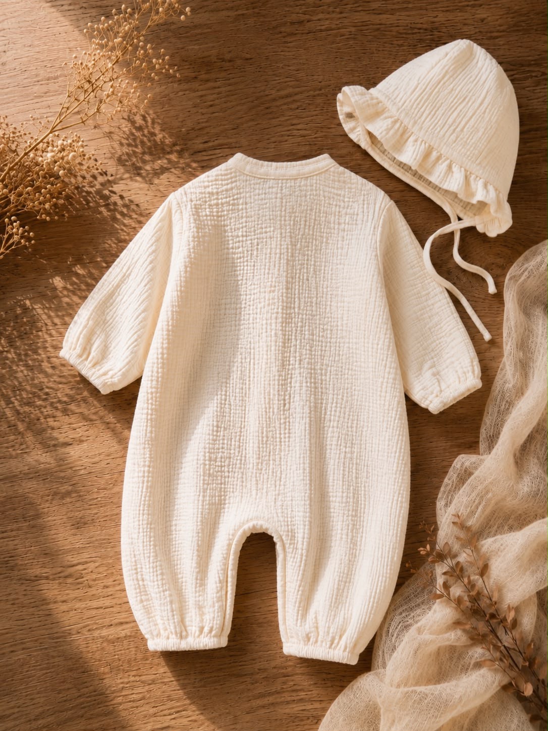 Baby Muslin Cotton Full Sleeve Romper with Bonnet – Soft Breathable Newborn Jumpsuit | Off White