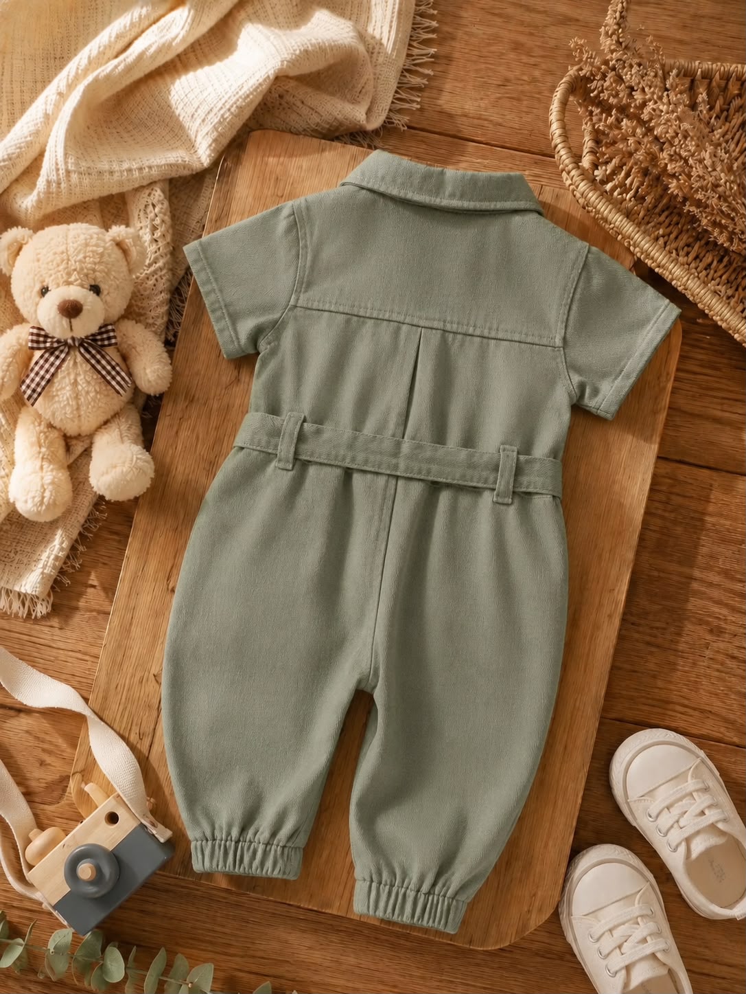 Baby Cotton Utility Jumpsuit with Waist Belt – Full Length Romper for Boys &amp; Girls | Sage Green