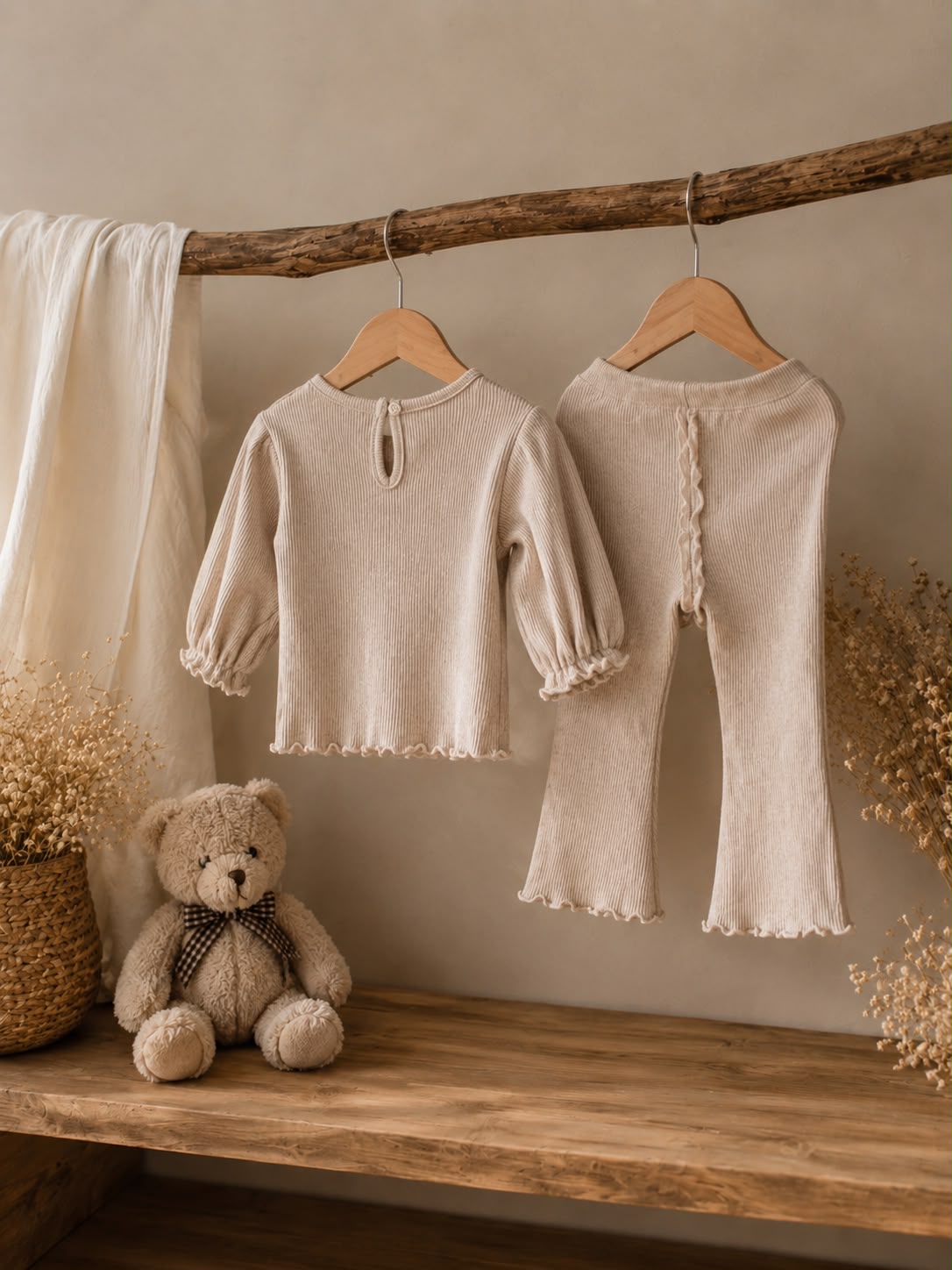 Baby Girls Ribbed Cotton Top &amp; Flared Pants Set – 100% Cotton 2-Piece Outfit | Beige