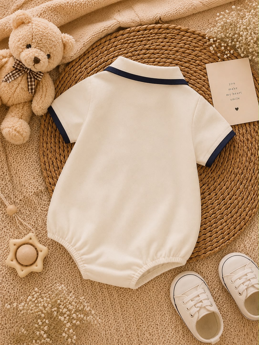 Baby Polo Cotton Romper – Soft Half Sleeve Collared Romper with Teddy Patch for Boys | Cream