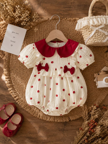 Baby Girls Floral Cotton Romper – Soft Puff Sleeve Romper with Peter Pan Collar &amp; Bow Detail | White &amp; Red