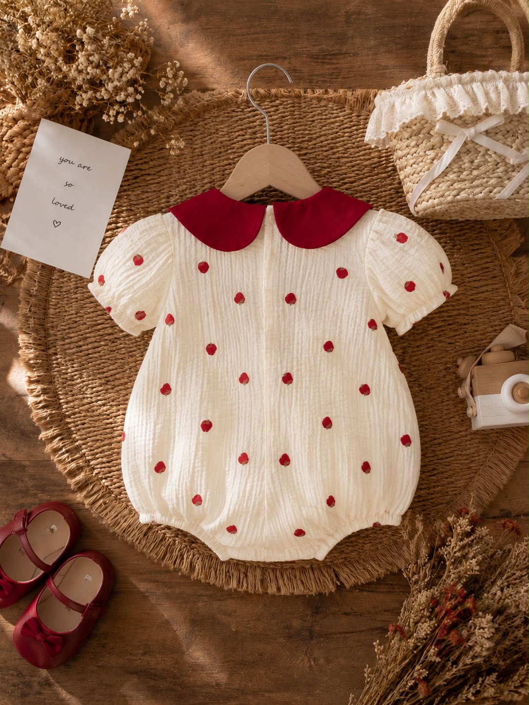 Baby Girls Floral Cotton Romper – Soft Puff Sleeve Romper with Peter Pan Collar &amp; Bow Detail | White &amp; Red