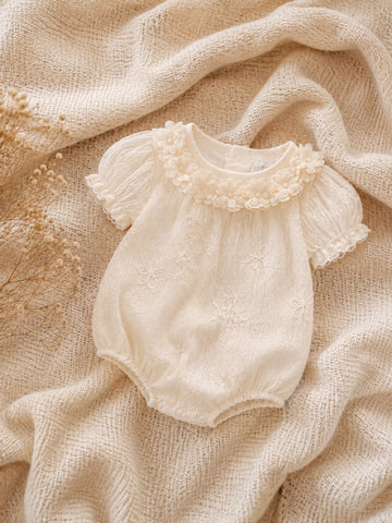 Baby Cotton Floral Lace Romper – Soft Puff Sleeve White Romper