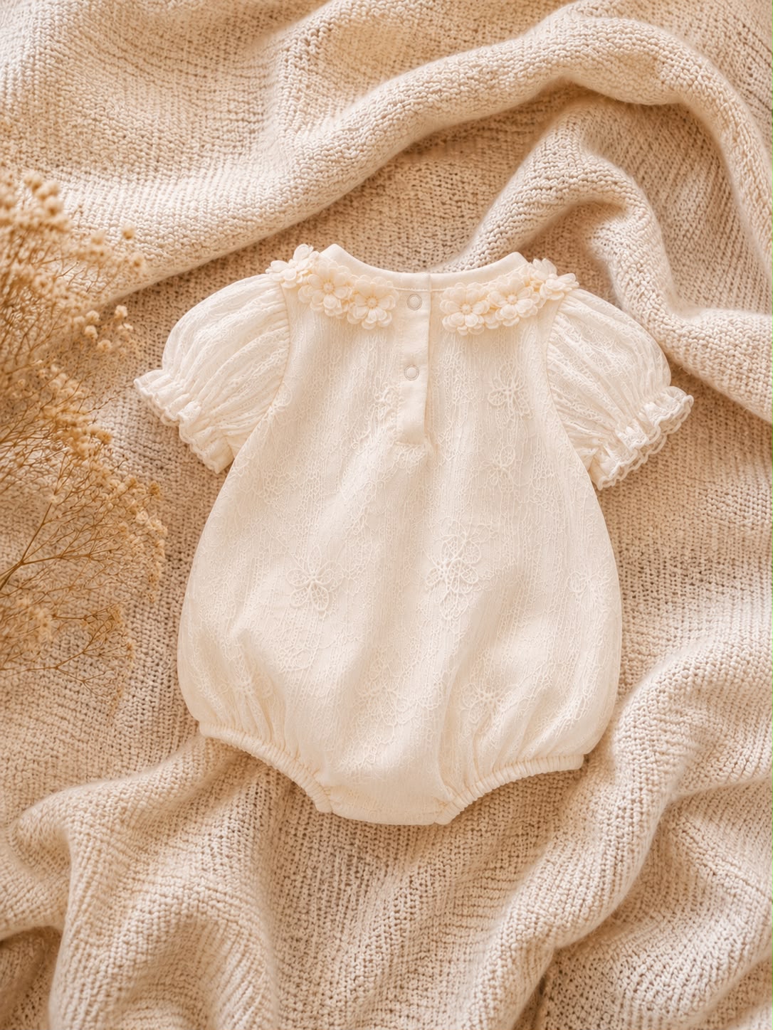Baby Cotton Floral Lace Romper – Soft Puff Sleeve White Romper