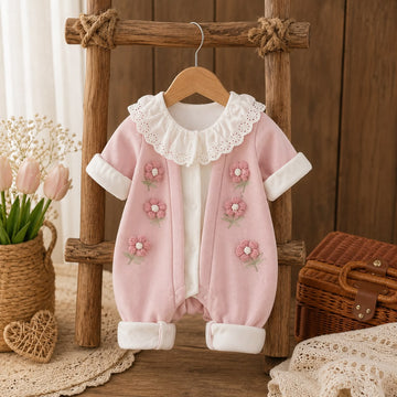 Baby Cotton Floral Embroidered Romper – Soft Lace Collar Outfit