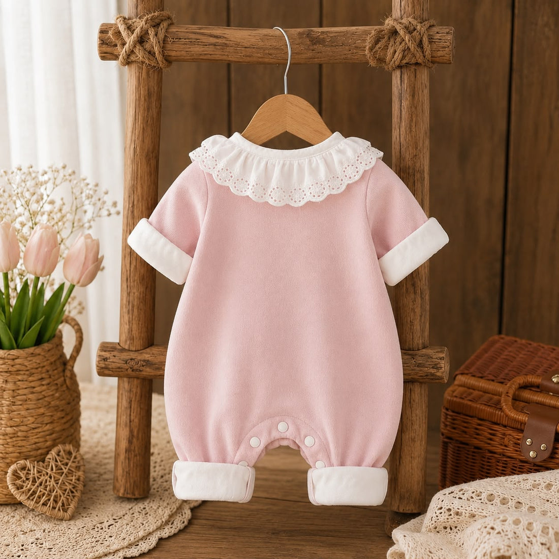 Baby Cotton Floral Embroidered Romper – Soft Lace Collar Outfit