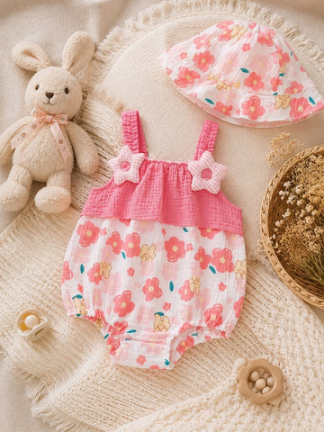 Summer Baby Cotton Floral Romper with Hat – Soft Sleeveless Romper Set