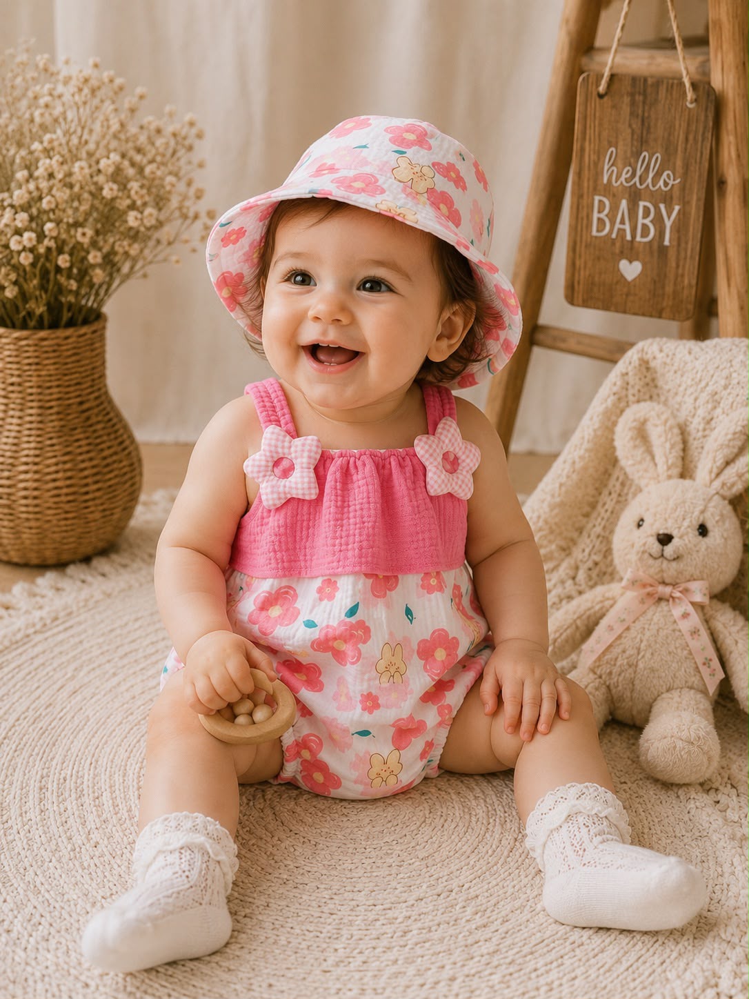 Summer Baby Cotton Floral Romper with Hat – Soft Sleeveless Romper Set