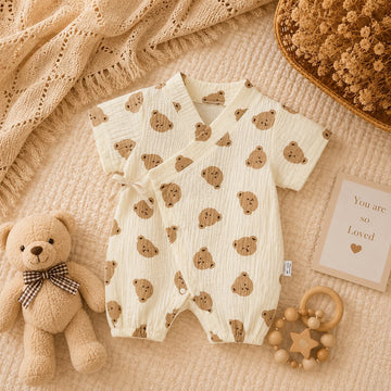 Summer Baby Muslin Teddy Print Kimono Romper – Soft Wrap Outfit