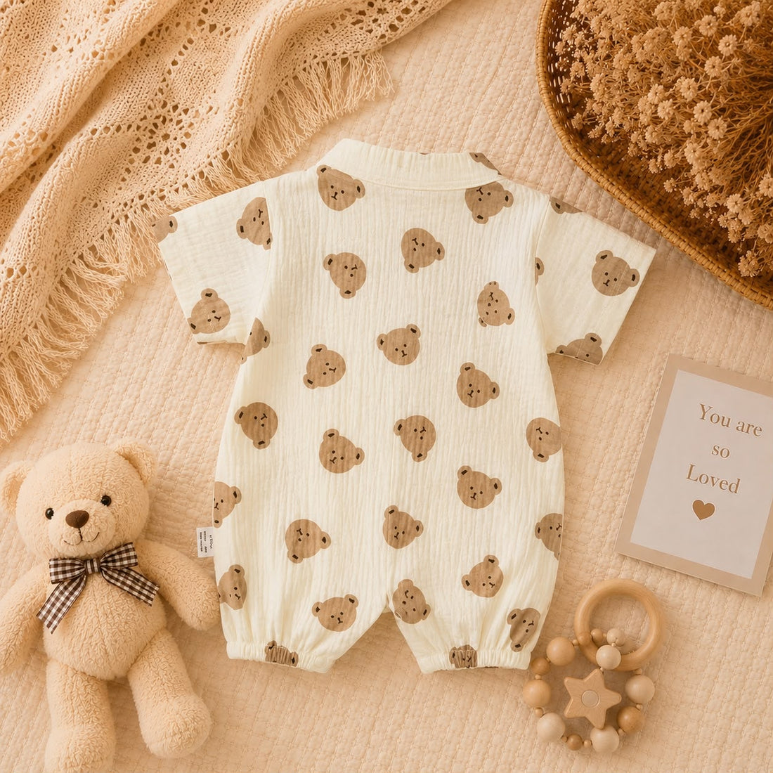 Summer Baby Muslin Teddy Print Kimono Romper – Soft Wrap Outfit