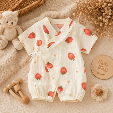 Summer Baby Muslin Strawberry Print Kimono Romper – Soft Wrap Outfit