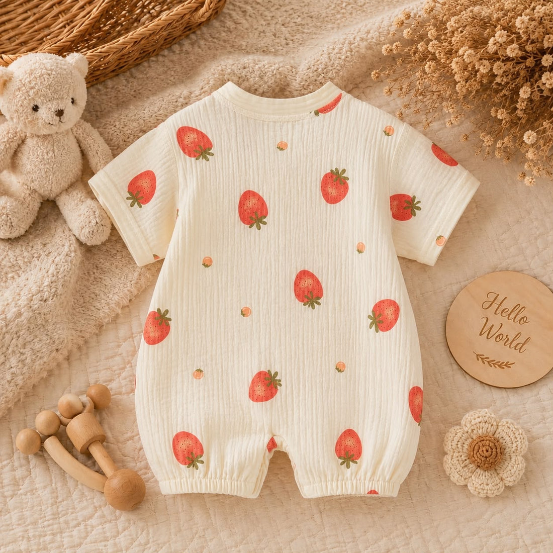 Summer Baby Muslin Strawberry Print Kimono Romper – Soft Wrap Outfit