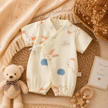 Summer Baby Muslin Bunny Print Kimono Romper – Soft Wrap Outfit