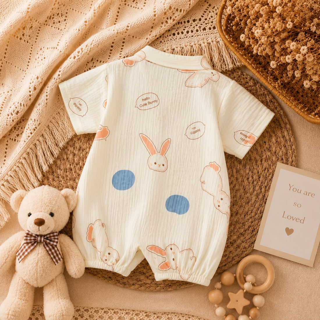 Summer Baby Muslin Bunny Print Kimono Romper – Soft Wrap Outfit