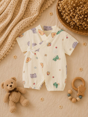 Summer Baby Muslin Animal Print Kimono Romper – Soft Wrap Outfit