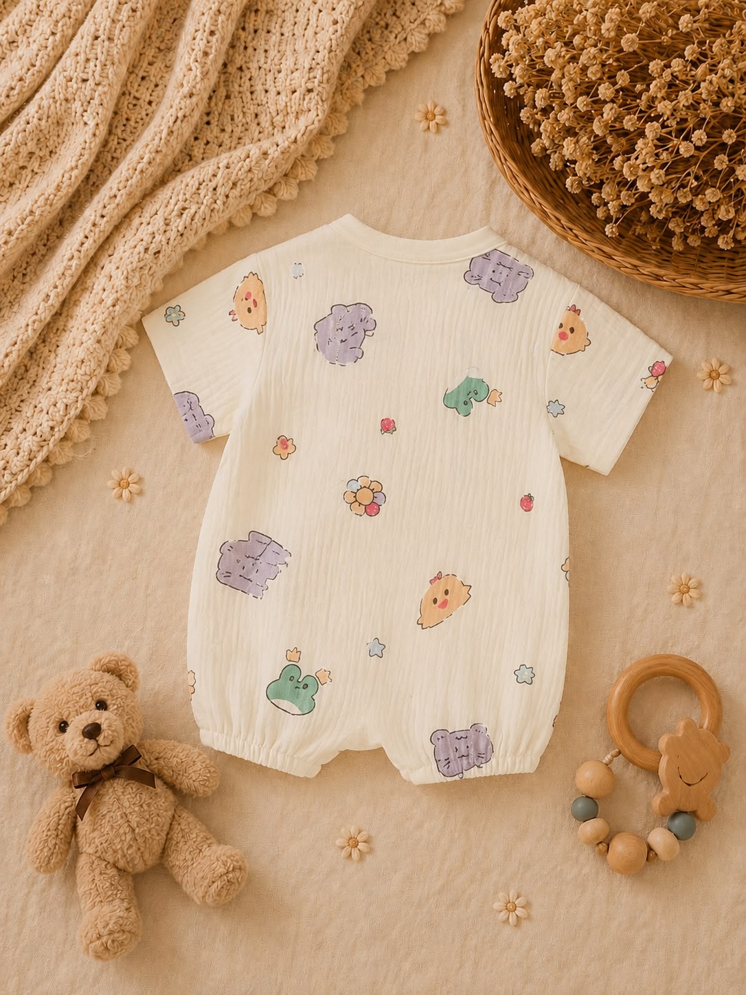 Summer Baby Muslin Animal Print Kimono Romper – Soft Wrap Outfit