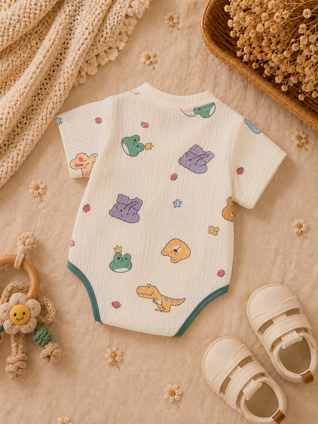Summer Baby Muslin Dinosaur Print Kimono Bodysuit – Soft Wrap Outfit