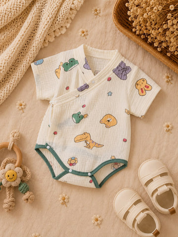 Summer Baby Muslin Dinosaur Print Kimono Bodysuit – Soft Wrap Outfit