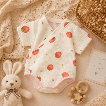 Summer Baby Muslin Strawberry Print Kimono Bodysuit – Soft Wrap Outfit