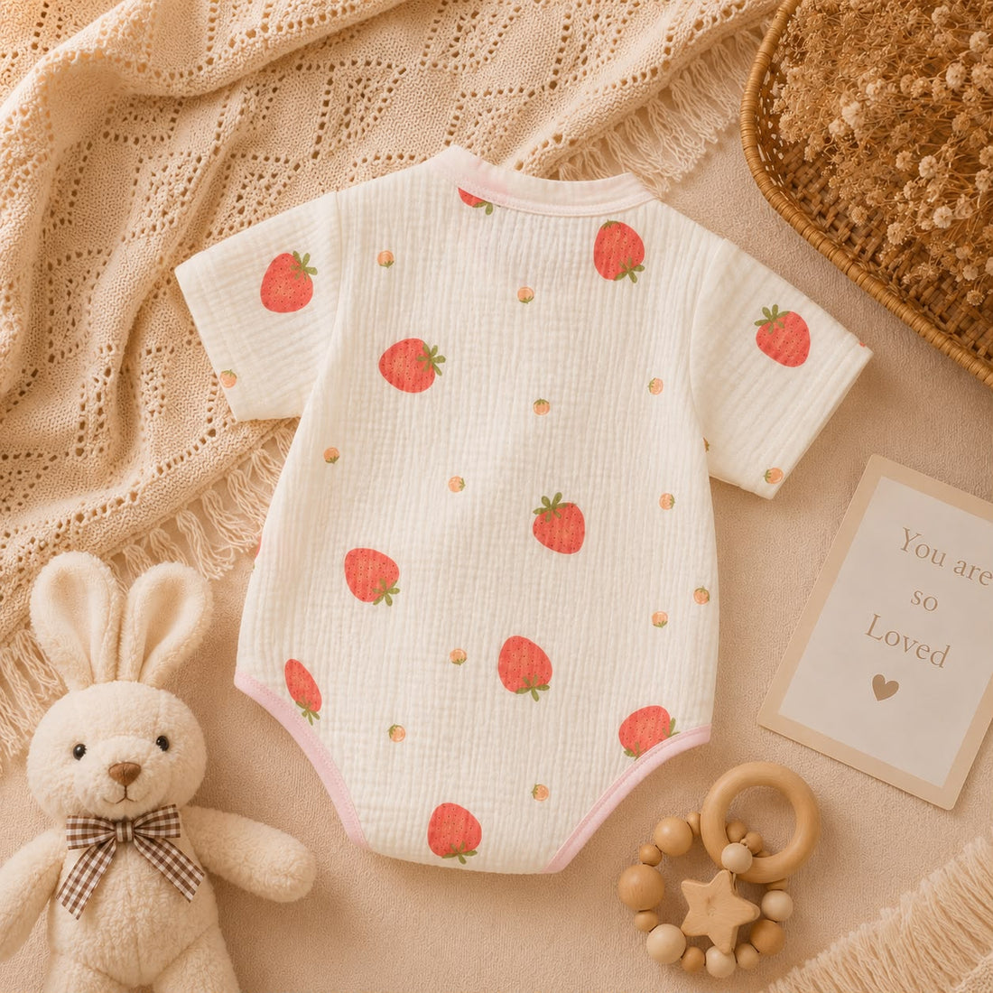 Summer Baby Muslin Strawberry Print Kimono Bodysuit – Soft Wrap Outfit