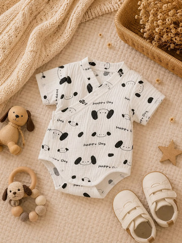 Summer Baby Muslin Puppy Print Kimono Bodysuit – Soft Wrap Outfit
