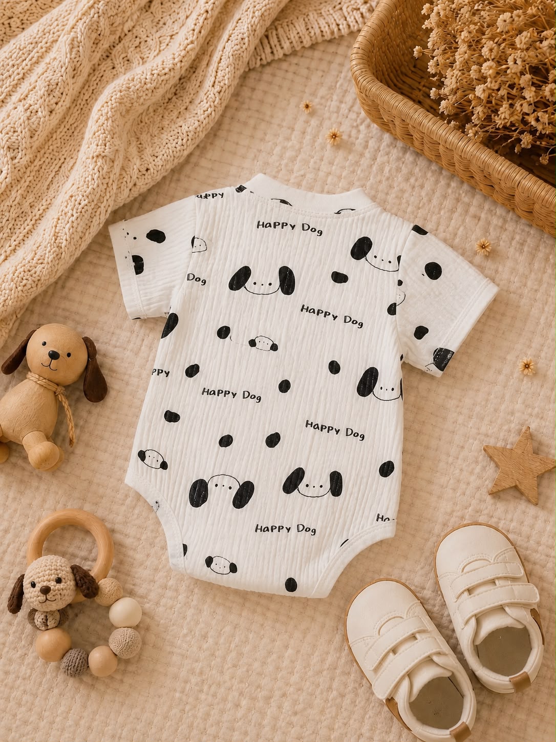Summer Baby Muslin Puppy Print Kimono Bodysuit – Soft Wrap Outfit