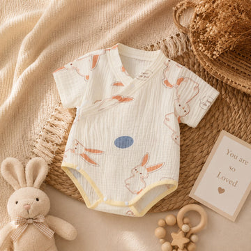 Summer Baby Muslin Bunny Print Kimono Bodysuit – Soft Wrap Outfit