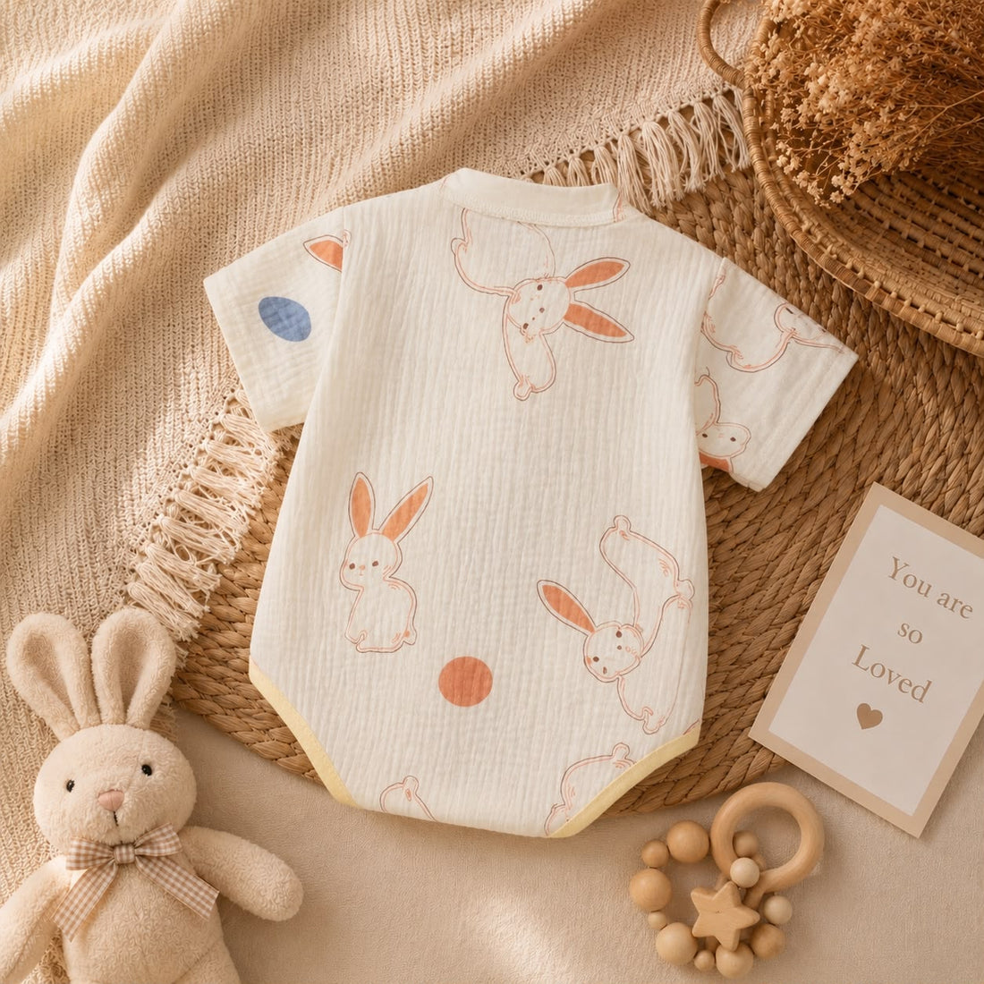 Summer Baby Muslin Bunny Print Kimono Bodysuit – Soft Wrap Outfit