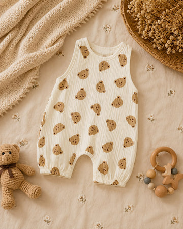 Summer Baby Muslin Teddy Print Sleeveless Romper – Soft Breathable Outfit