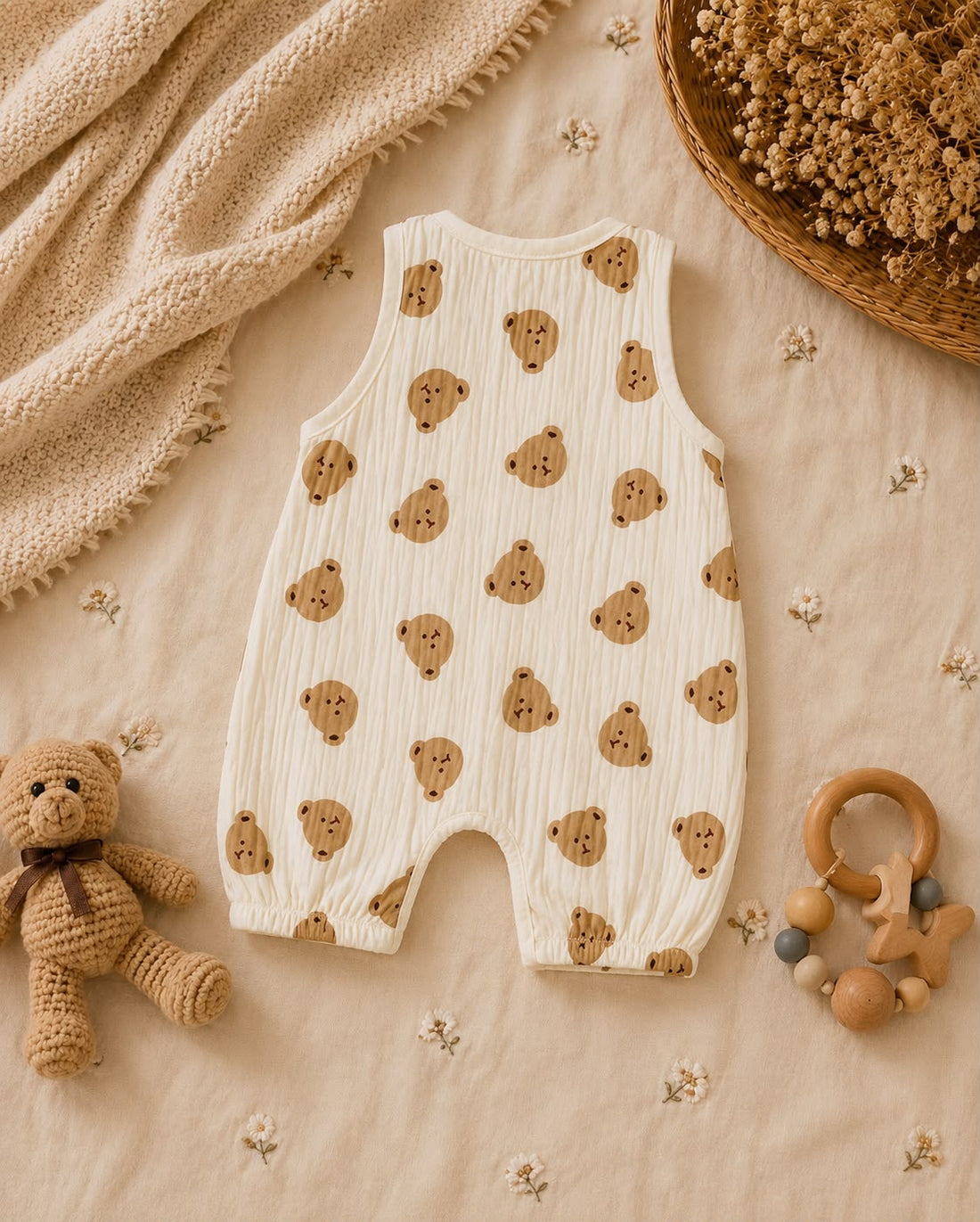 Summer Baby Muslin Teddy Print Sleeveless Romper – Soft Breathable Outfit