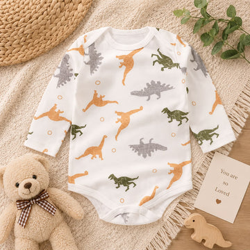 Baby Cotton Dinosaur Print Full Sleeve Bodysuit – Soft Long Sleeve Onesie for Newborn &amp; Infant