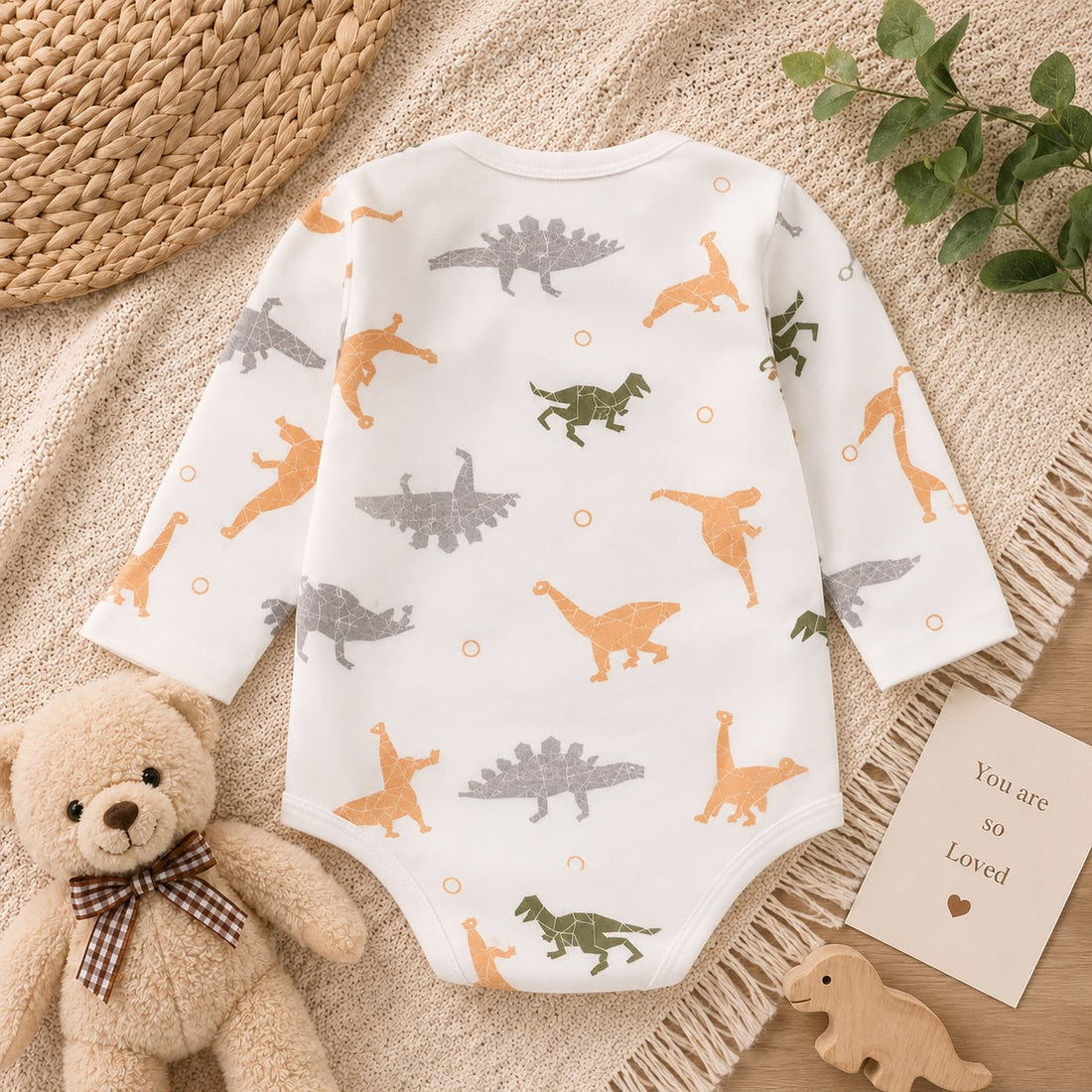 Baby Cotton Dinosaur Print Full Sleeve Bodysuit – Soft Long Sleeve Onesie for Newborn &amp; Infant