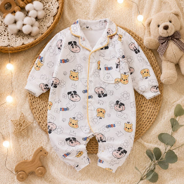 Baby Cotton Cartoon Print Full Sleeve Sleepsuit Romper – Soft Front Open Nightwear for Newborn &amp; Infant