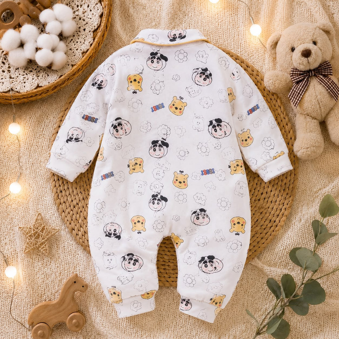 Baby Cotton Cartoon Print Full Sleeve Sleepsuit Romper – Soft Front Open Nightwear for Newborn &amp; Infant