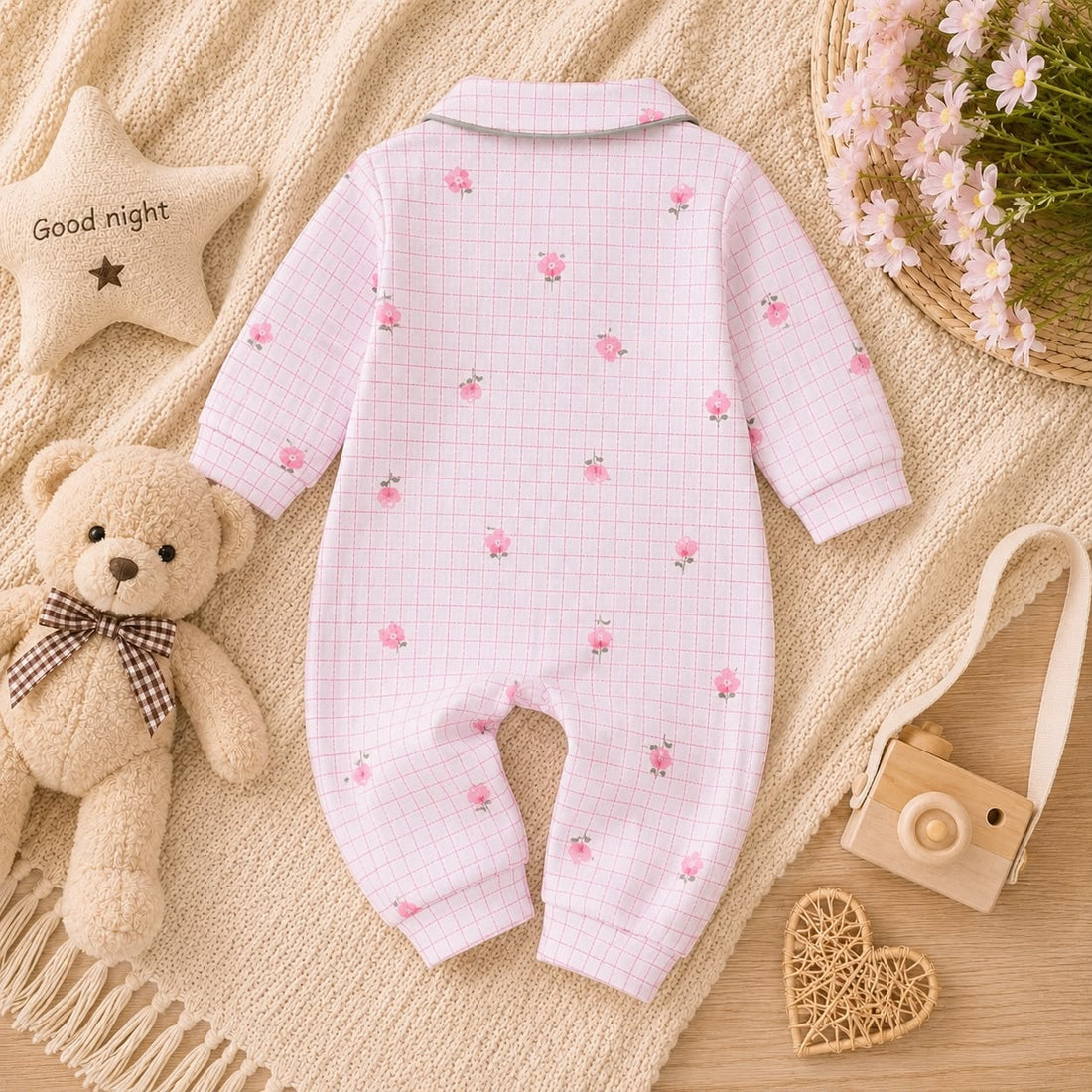 Baby Cotton Floral Check Print  Nightwear for Newborn & Infant