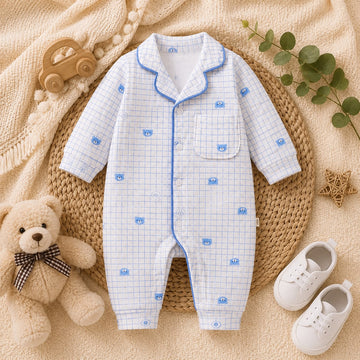 Baby Cotton Bear Check Print Full Sleeve Sleepsuit Romper – Soft Front Open Nightwear for Newborn &amp; Infant